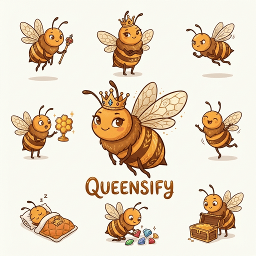 Beatrice the queen bee in many playful poses — the Queensify mascot and a collectible queen skin.