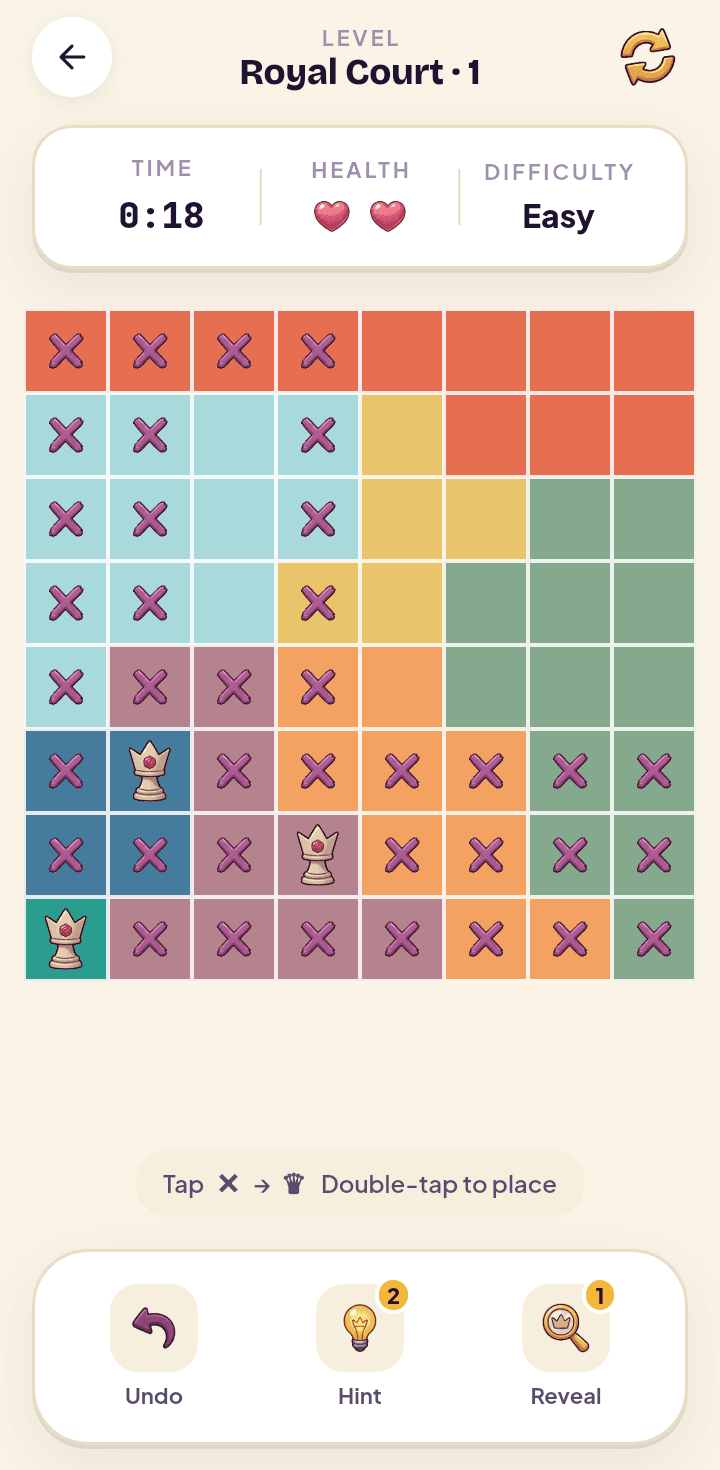 Queensify puzzle board mid-solve