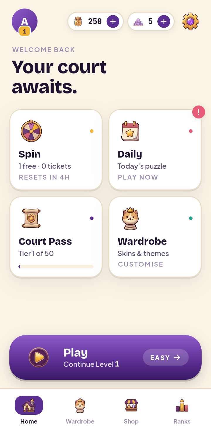 Queensify home menu with daily puzzle, spin, and Court Pass