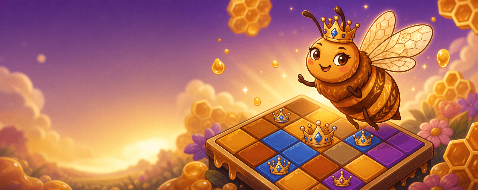 Beatrice the queen bee flying over a Queensify puzzle board at golden hour